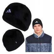 Czapki damskie - Czapka adidas Czarna Beanie Damska Dzianina Wywinięty Brzeg Wyszywane Logo - miniaturka - grafika 1