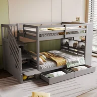 Łóżka dla dzieci i młodzieży - Drewniane łóżko piętrowe 90x200cm - z 2 szufladami i regałem - Szare - miniaturka - grafika 1