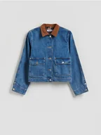 Kurtki damskie - Reserved - Jeansowa kurtka z kontrastowym kołnierzykiem - niebieski - miniaturka - grafika 1