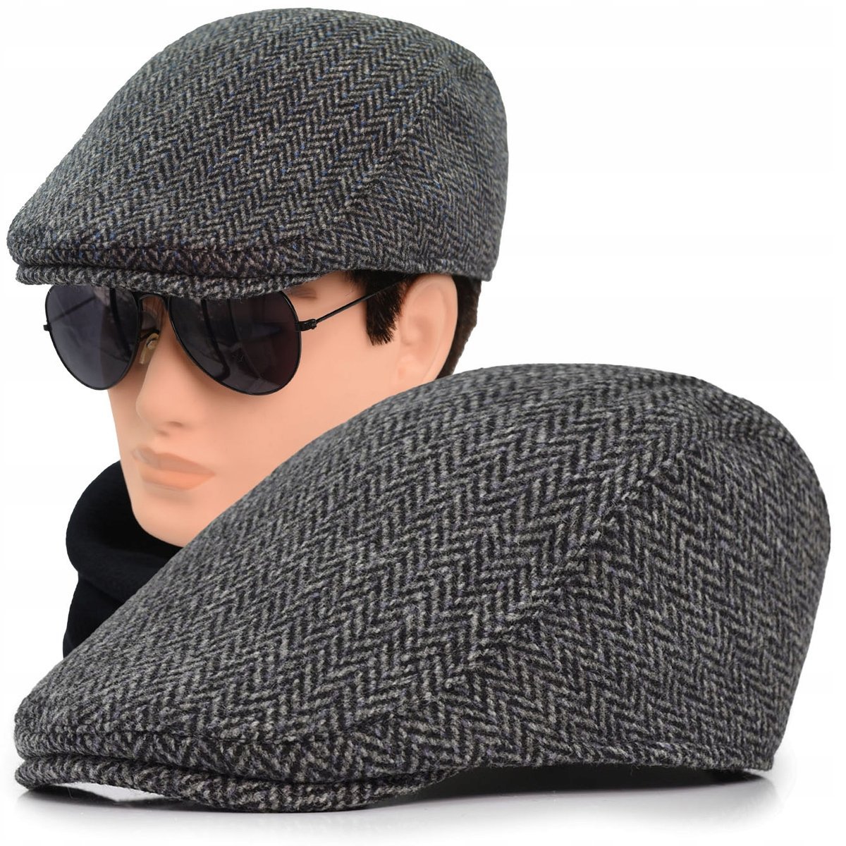 Kaszkiet Męski Zimowy Ocieplany Elegancka Czapka w Jodełkę 50% Wełny