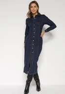 Sukienki - Granatowa Jeansowa Sukienka Koszulowa o Taliowanym Kroju Neveala - miniaturka - grafika 1