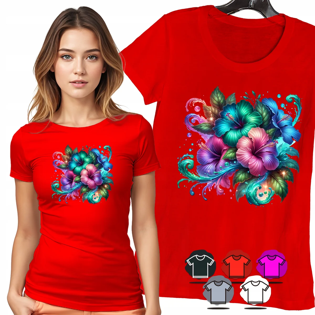 KOSZULKA DAMSKA T-SHIRT - KWIATY EGZOTYCZNE TURKUS RÓŻ DAMSKI WZÓR - S