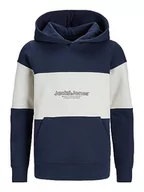 Bluzy dla chłopców - JACK&JONES JUNIOR Chłopięca bluza z kapturem Jorlakewood Block Sweat Hood Bf Jnr, Granatowy blezer/szczegóły: jj Print/Blocking, 164 - miniaturka - grafika 1