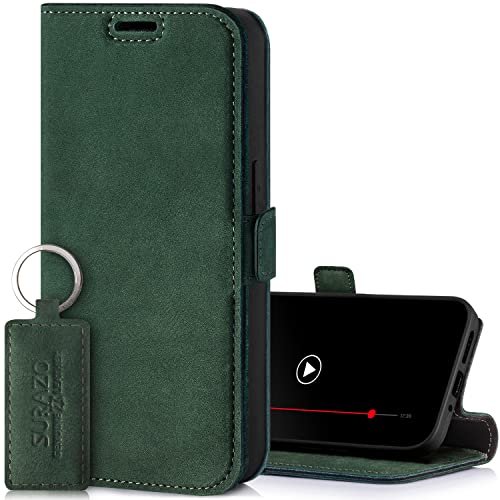 SURAZO Etui na telefon komórkowy Samsung Galaxy A55, cienkie, magnetyczne etui skórzane – składane etui ochronne z prawdziwej skóry [z przegródką na karty, ochroną RFID], etui z klapką, skórzane etui
