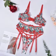 Komplety bielizny - 3-częściowy zestaw bielizny koronkowej w róże - miniaturka - grafika 1