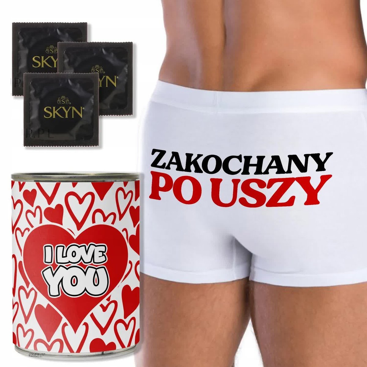 PUSZKA BOKSERKI + PREZERWATYWY Prezent Na Walentynki ZAKOCHANY PO USZY - L
