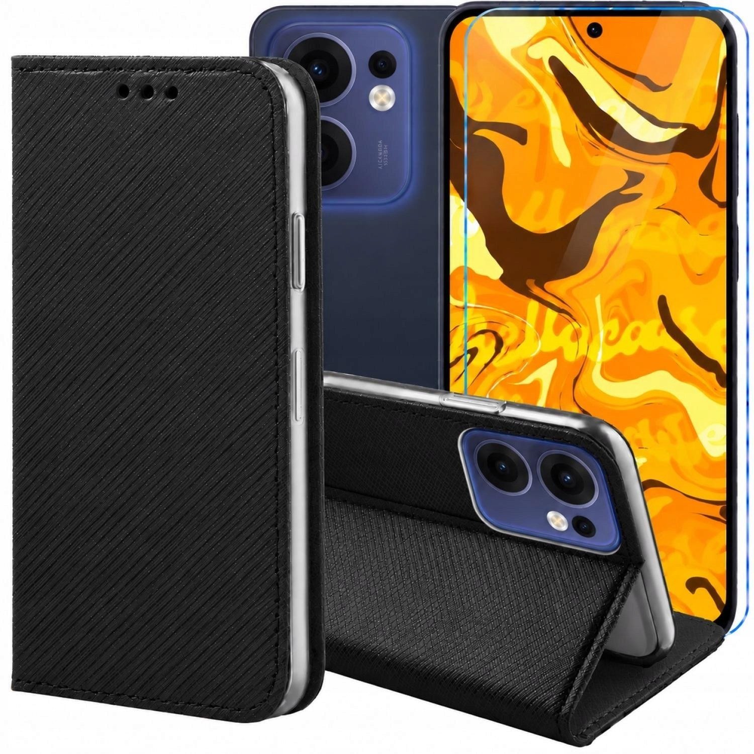 Hello Case Etui z klapką do Oppo Reno13 F 4G / 5G czarne, zamykane, kabura szkło BNDL5418