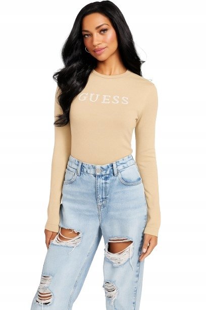 GUESS BLUZKA DAMSKA BEŻOWA Z DŁUGIM RĘKAWEM LOGO XL 1GMA