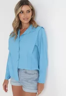 Koszule damskie - Niebieska Koszula z Falbaną przy Ramionach i Kołnierzem Sarya - miniaturka - grafika 1