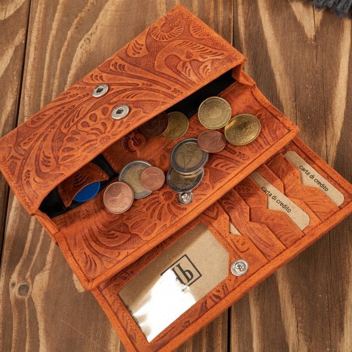 Paolo Peruzzi Portfel damski skórzany vintage w kwiaty pomarańczowy duży T-108-HOR