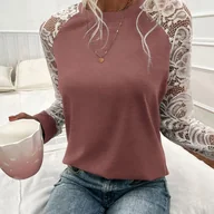 Bluzki damskie - TEMU Damska koszulka z długim rękawem i kontrastową koronką, 100% poliestrowy materiał z dzianiny, jednokolorowa, regularnej długości, na - miniaturka - grafika 1