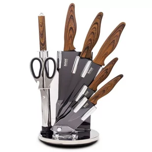 Nóż, noże stalowe, czarne, z brązową rączką, zestaw, komplet noży, 7 sztuk, w stojaku kod: O-10-167-004 + Sprawdź na SuperWnetrze.pl - Nożyce kuchenne - miniaturka - grafika 1