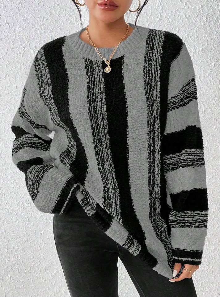 SHEIN SWETER DAMSKI SZARY W PASKI CASUAL 38 ŁOI