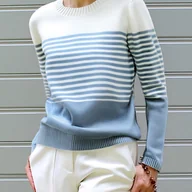 Swetry damskie - TEMU Kasualowa Pasiasta Bluzka Damska - Kolorowy Blok, Długi Rękaw, Okrągły Dekolt, Jasnoniebiesko-Białe Paski, Miękka i Wygodna na Wiosnę/Jesień, - miniaturka - grafika 1