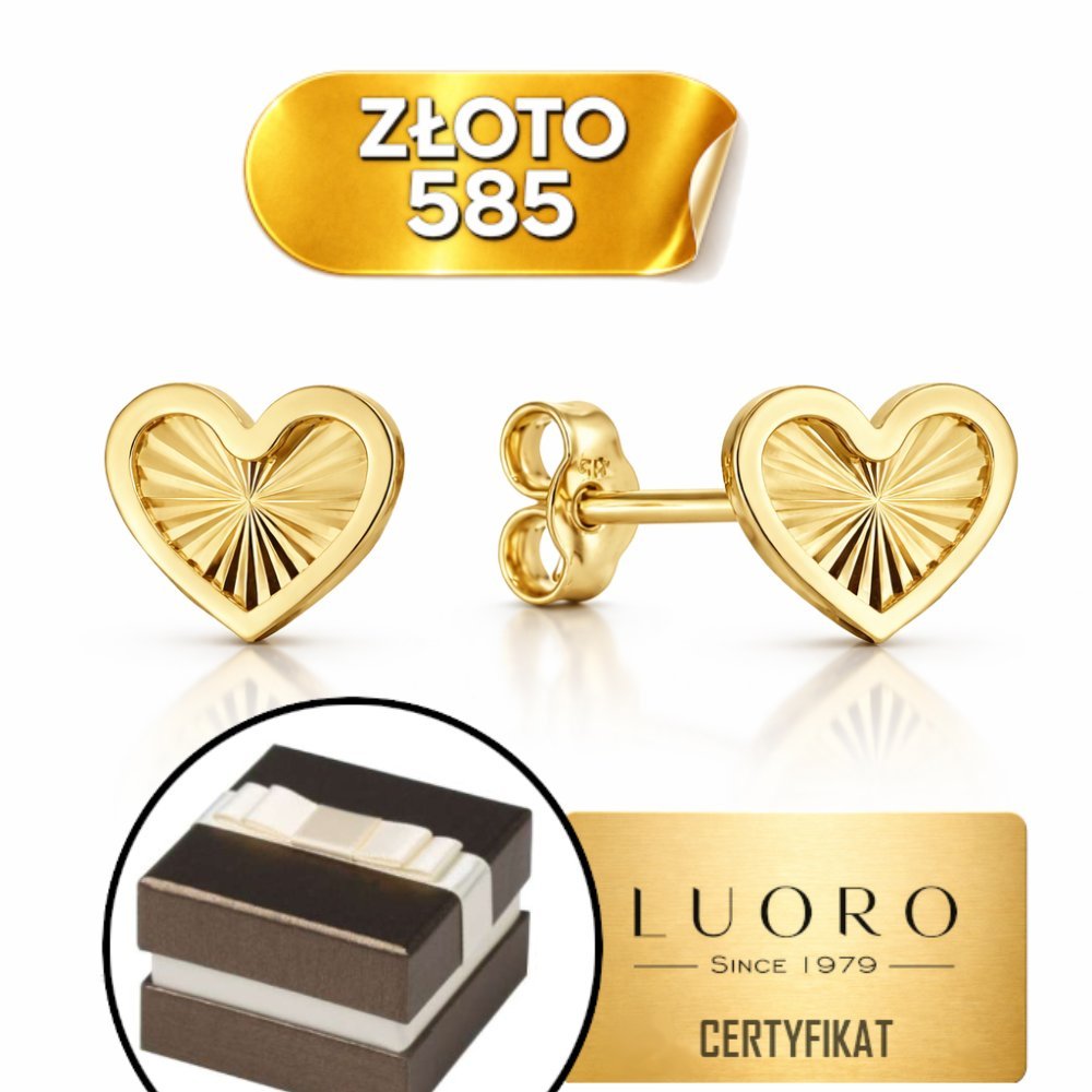 KOLCZYKI ZŁOTE 585 14K SERCA DIAMENTOWANE SZTYFT 0,7 CM ELEGANCKIE