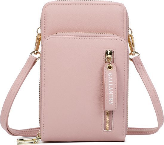 Portfel crossbody Gallantry na smartfona w kolorze różowym - zapinany na zamek błyskawiczny z paskiem na ramię i przegródkami na karty i pieniądze