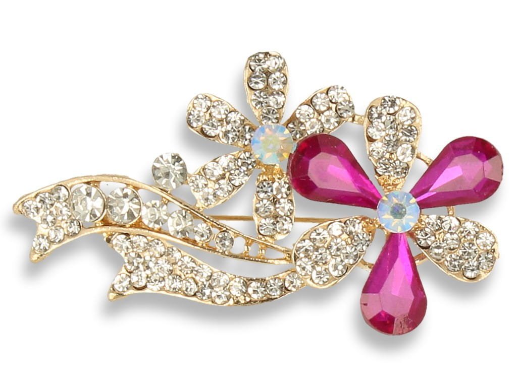 Broszka Damska Złota Kwiat Z Purpurowymi Kamieniami