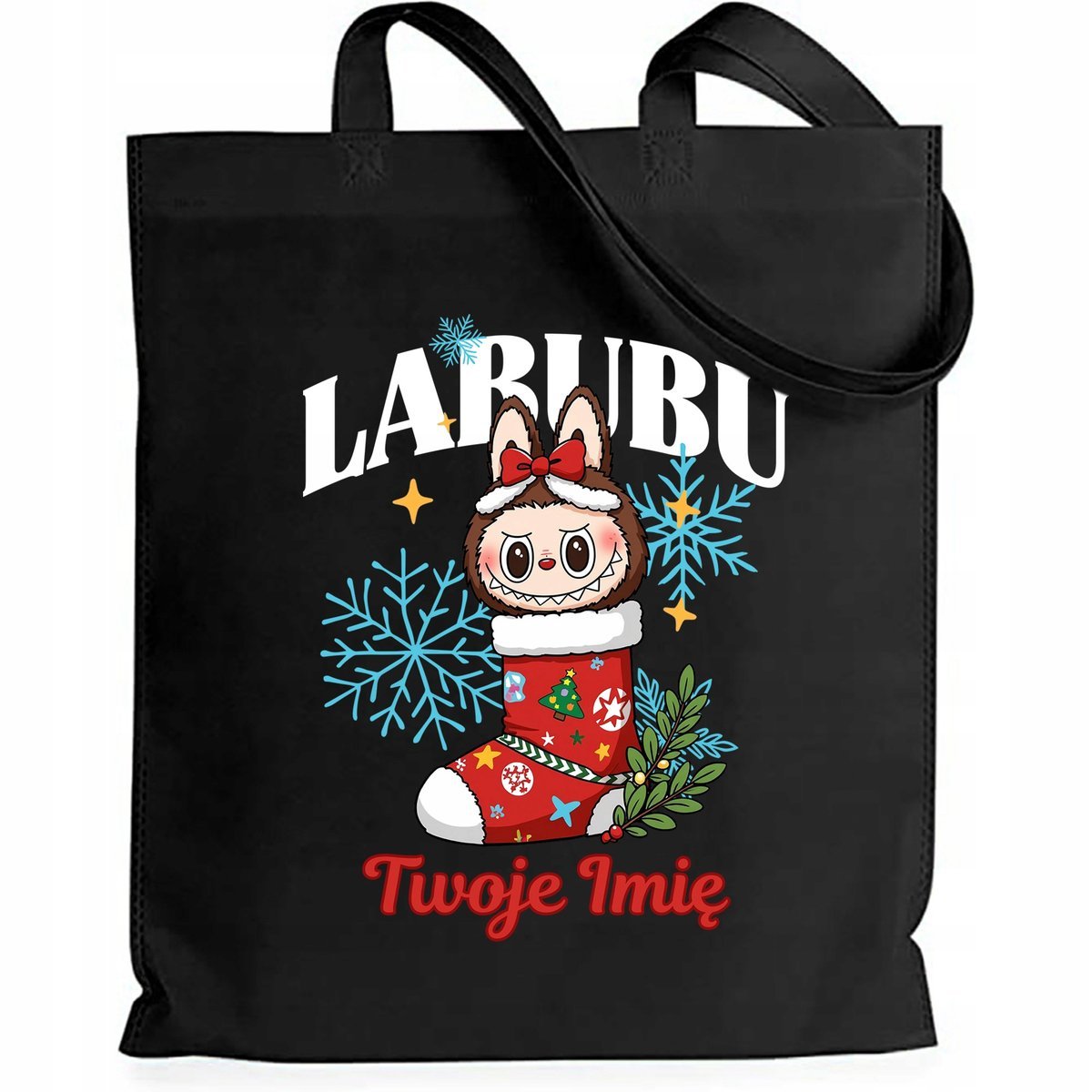 Torba EKO Czarna Shopper ŚWIĄTECZNA SKARPETA *IMIĘ* Prezent Na Święta Wzory