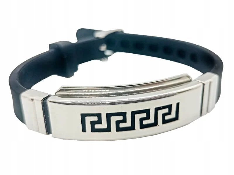 Bransoletka męska z kauczuku i stali chirurgicznej blaszka z greckim wzorem