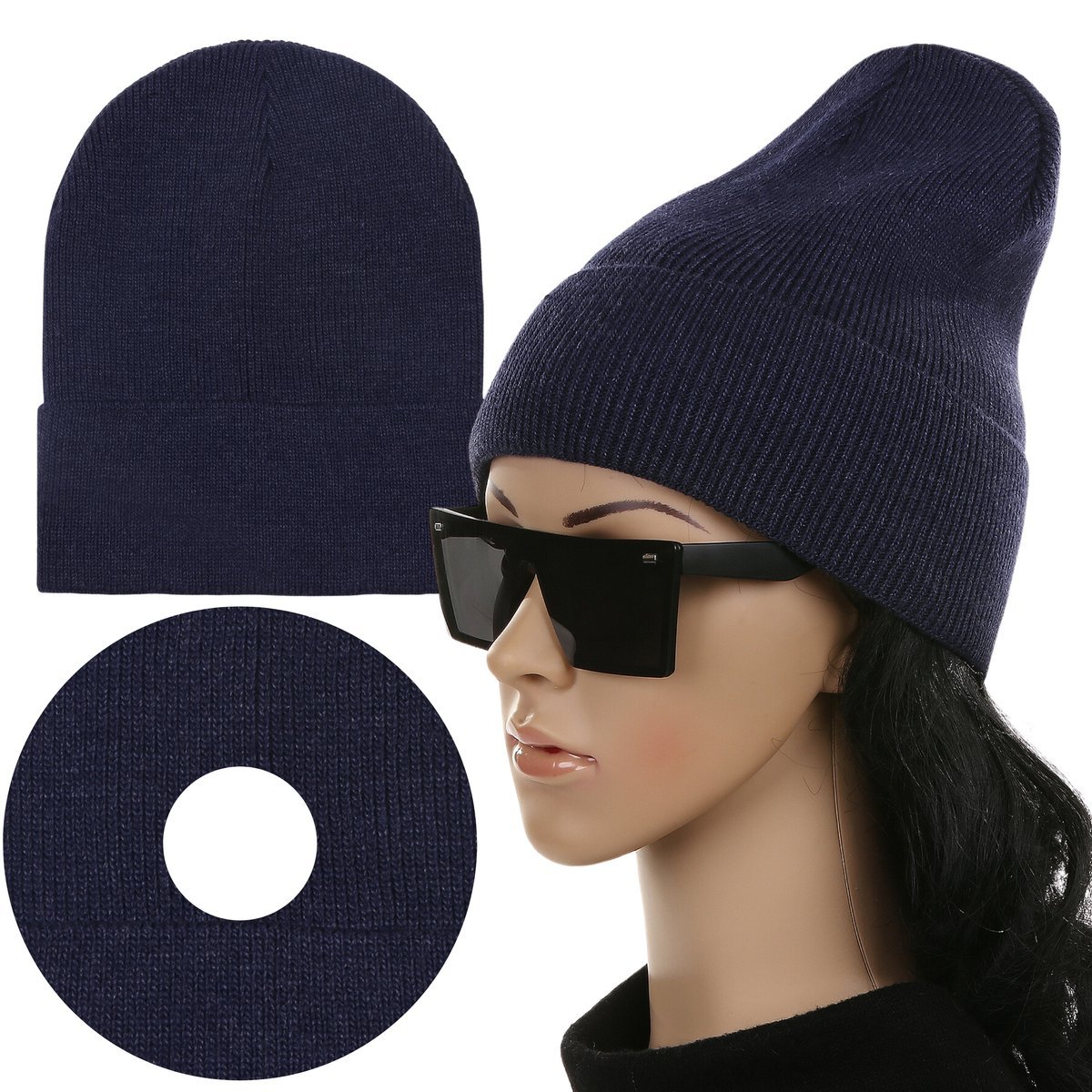 Czapka Damska Kobieca Beanie Wywijana Na Jesień Zimę Ciepła Jeansowy Granat