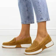 Mokasyny damskie - Camelowe ażurowe mokasyny damskie Sergio Leone Mk094 - miniaturka - grafika 1