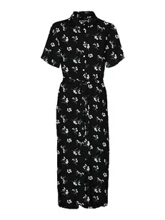 VERO MODA Damska sukienka Vmeasy Joy S/S Long Shirt Dress WVN Ga midi, Czarny/Aop: ann, S - Sukienki - miniaturka - grafika 1