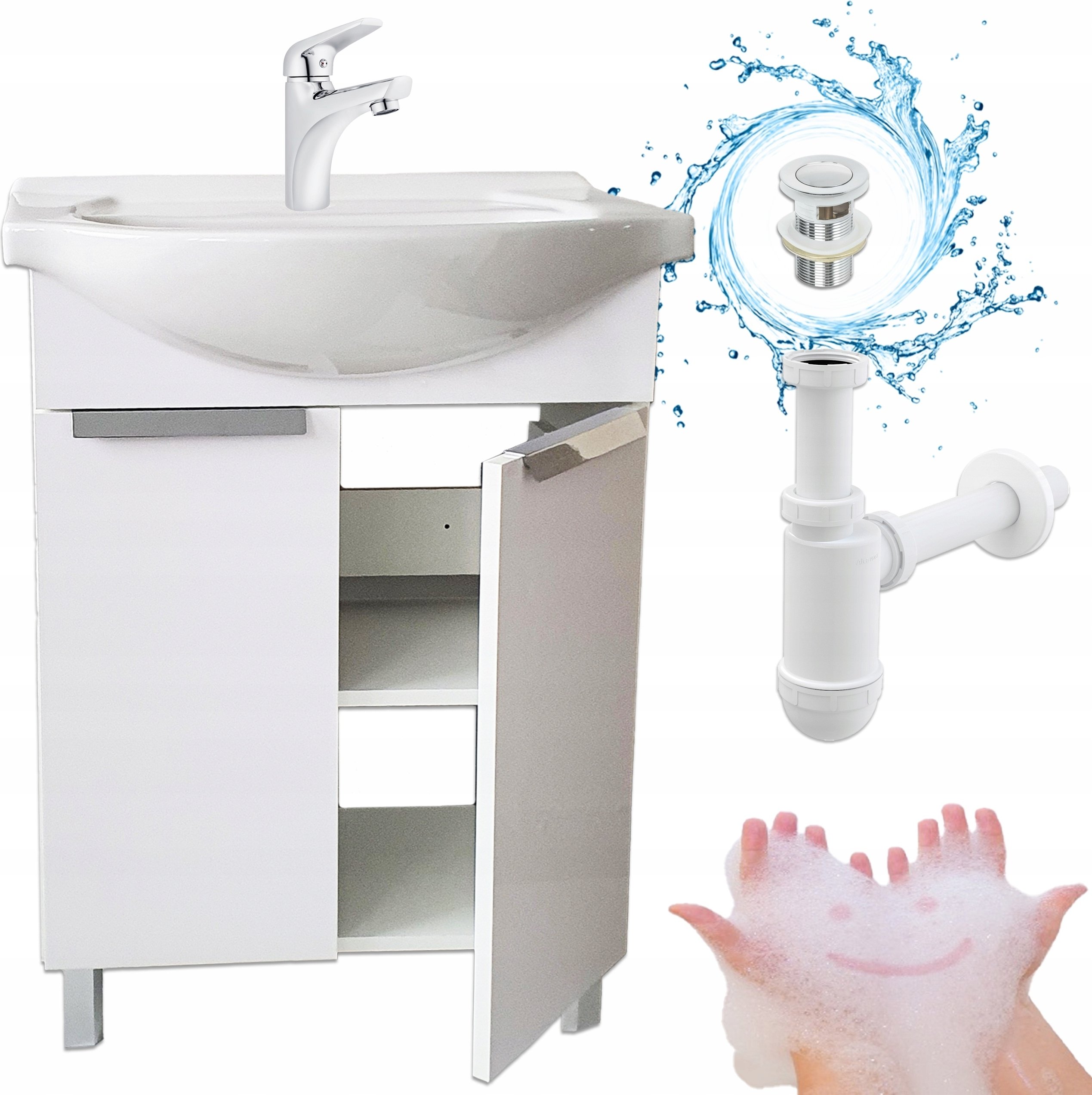 Szafka Łazienkowa Biała Umywalka Ceramiczna 60 cm Bateria Chrom Aquua Syfon