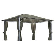 Altany ogrodowe - shumee Altana z zasłonami i lampkami LED 4x3 m taupe aluminium - miniaturka - grafika 1