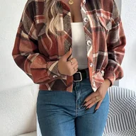 Kurtki damskie - TEMU Stylowa Kurtka w Kratę z Guzikami dla Kobiet - Casualowa z Długim Rękawem, z Kołnierzem i Sztucznymi Kieszeniami, Możliwość Prania w Pralce - - miniaturka - grafika 1