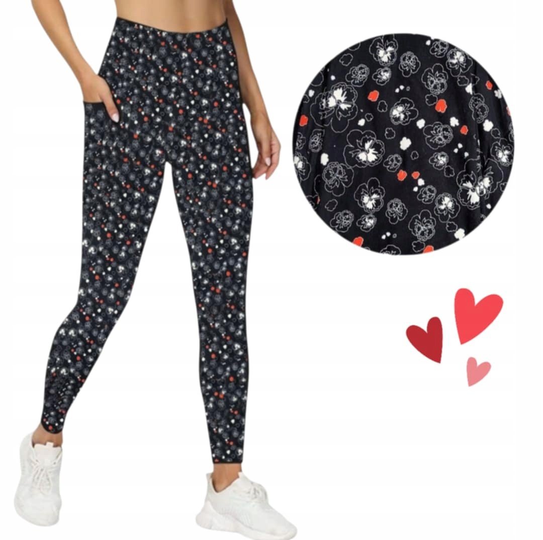 LEGINSY KIESZENIE CZERWONE KWIATY elastyczne miękkie kryjące 40 42 L XL