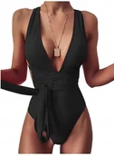 Stroje kąpielowe - WIĄZANY JEDNOCZĘŚCIOWY STRÓJ KĄPIELOWY Z DEKOLTEM CZARNY L - miniaturka - grafika 1