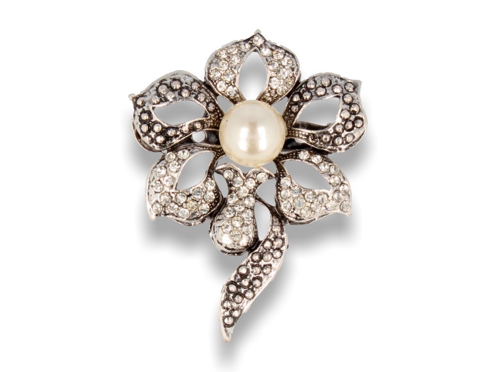 BROSZKA DAMSKA KWIATEK Z PERŁĄ I CYRKONIAMI