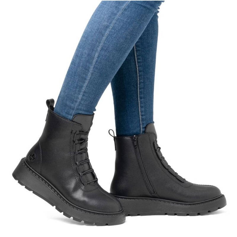 Rieker Botki Damskie Skórzane Na Platformie Ocieplane Czarne-38