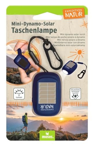moses. Expedition Natur Mini Dynamo solarna latarka dla dzieci, latarka akumulatorowa z korbą ręczną i panelem słonecznym, z 3 jasnymi diodami LED i paskiem na rękę