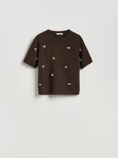 Reserved - Sweter z błyszczącą aplikacją - brązowy - Swetry damskie - miniaturka - grafika 1