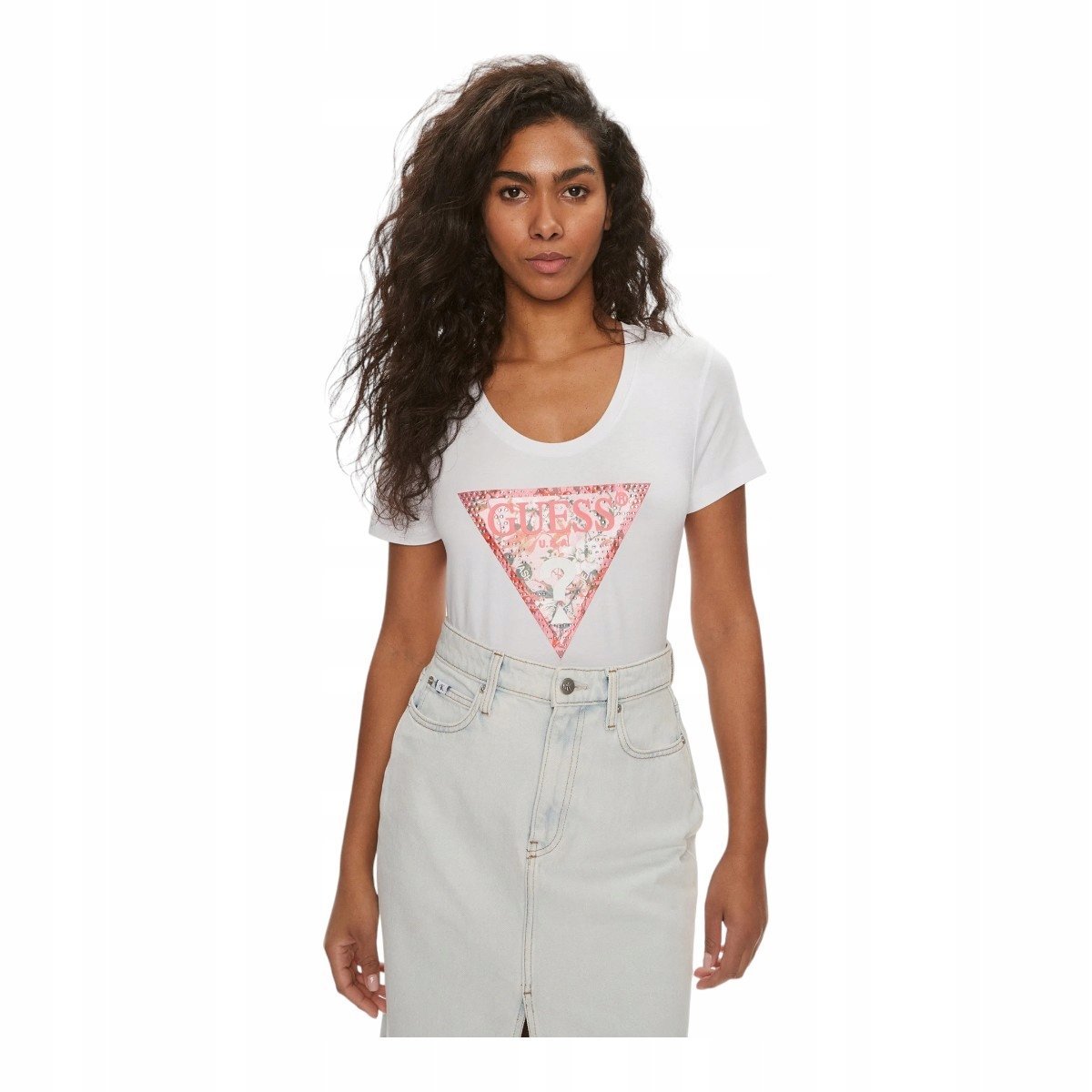 GUESS KOSZULKA DAMSKA T-SHIRT SS RN SATIN TRIANGLE BIAŁA r.S
