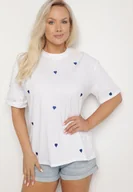 Koszulki i topy damskie - Biało-Niebieski Bawełniany T-shirt Zdobiony Haftem w Kształcie Serc Naloree - miniaturka - grafika 1