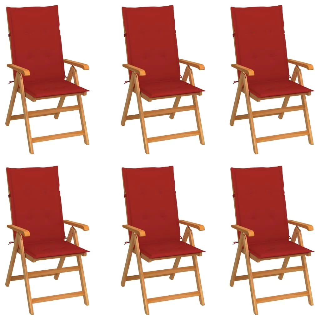vidaXL Krzesła ogrodowe, 6 szt., czerwone poduszki, drewno tekowe