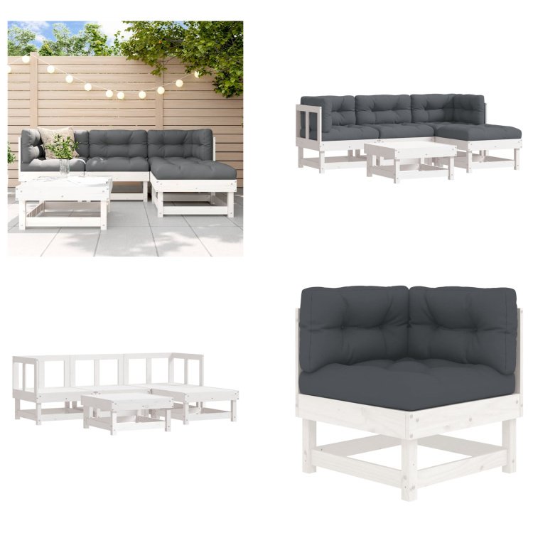 vidaXL 5-częściowy zestaw wypoczynkowy do ogrodu z poduszkami z litego drewna w kolorze białym - Zestaw wypoczynkowy do ogrodu - Zestawy wypoczynkowe do ogrodu - Zestaw wypoczynkowy do ogrodu - Zestaw wypoczynkowy na zewnątrz