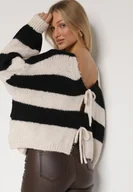 Swetry damskie - Czarny Wiązany Kardigan Oversize w Paski z Dodatkiem Wełny i Wiskozy Retire - miniaturka - grafika 1