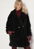 Płaszcze damskie - Czarny Długi Płaszcz Futerko Dwurzędowe w Stylu Teddy Malwirae - miniaturka - grafika 1