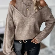 Swetry damskie - TEMU Kobiecy Elegancki Miękki Sweter z Odkrytymi Ramionami i Wysokim Kołnierzem - Długoręczny, Średnio Elastyczny Top, Jednolity , Moda - miniaturka - grafika 1