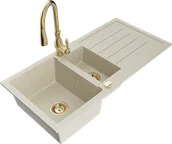 Zlewozmywaki z baterią - Mexen Andres zlewozmywak granitowy 1,5-komorowy z ociekaczem i baterią kuchenną Savita, beżowy - 6515-69-672601-50 - miniaturka - grafika 1