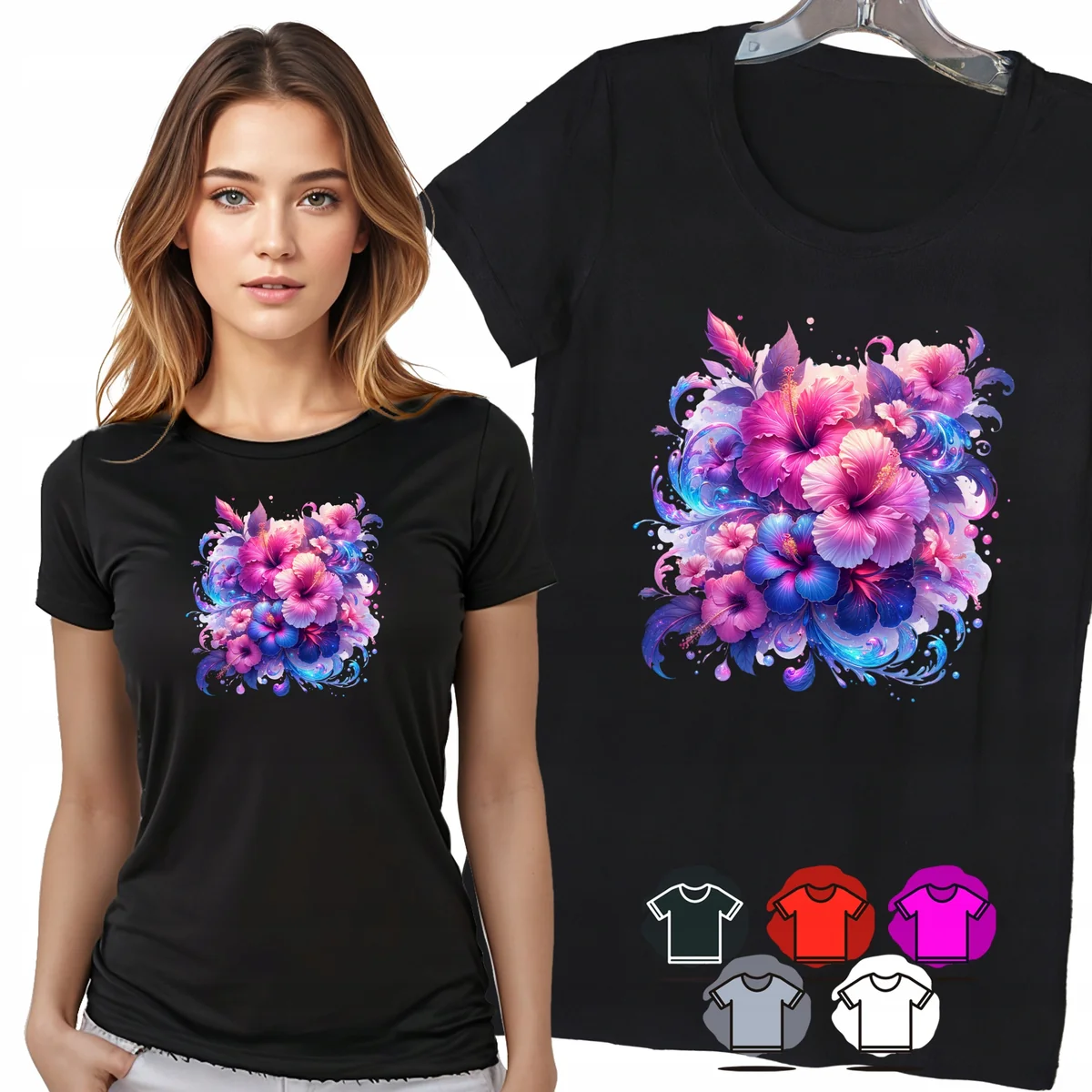 KOSZULKA DAMSKA T-SHIRT - KWIATY RÓŻOWO NIEBIESKIE AKWARELA WZÓR MODNY - XX