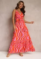 Sukienki - Pomarańczowa Rozkloszowana Sukienka Maxi z Wiskozy z Gumką w Pasie i Kopertowym Dekoltem Mailen - miniaturka - grafika 1