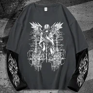 Koszulki męskie - TEMU Męska Gotycka Ciemna Stylowa Koszulka z Długim Rękawem - Fioletowo-Czarny Kolorowy Blok, Luźny Krój, Średnia Elastyczność, Geometryczny Wzór, - miniaturka - grafika 1