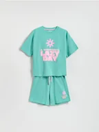 Spodnie i spodenki dla dziewczynek - Reserved - Bawełniany komplet z nadrukiem - jasnoturkusowy - miniaturka - grafika 1