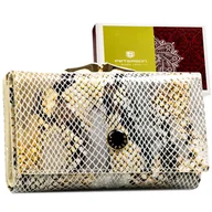 Portfele - Elegancka portmonetka na zatrzask i bigiel beżowa lakierowana PETERSON średniej wielkości skórzany poziomy portfel damski rozbudowany na karty i dok.. - miniaturka - grafika 1