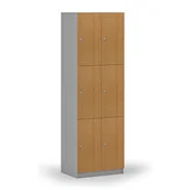 Szafki biurowe - Drewniana szafka skrytkowa, 6 schowków, zamek cylindryczny, szary/buk - miniaturka - grafika 1