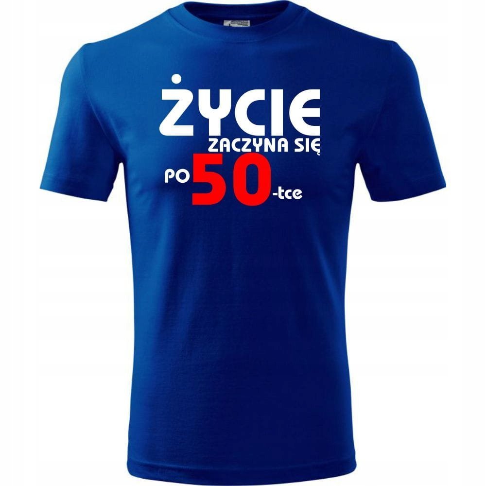 Męska Koszulka z Nadrukiem życie zaczyna się po 50 na Prezent Urodziny niebieski S